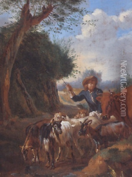 A Young Herder With Cattle And Goats In A Landscape Oil Painting - Pieter van Bloemen
