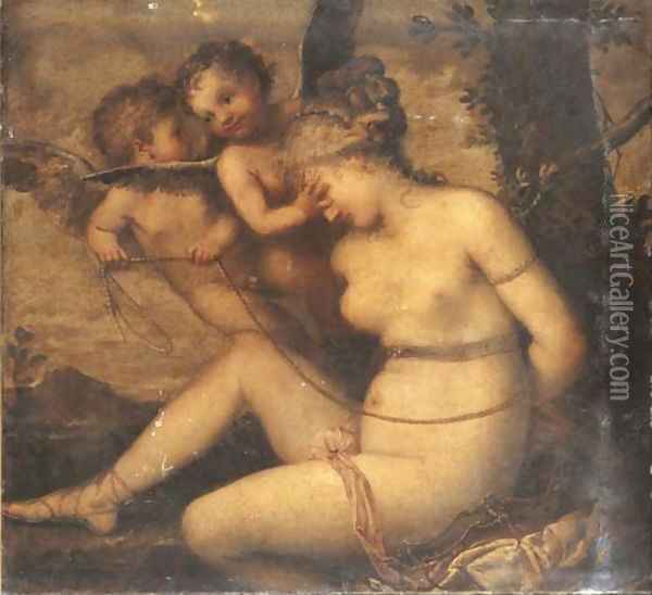 Venus being bound by two putti Oil Painting - Pietro Liberi