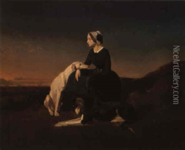 Reverie Du Soir, Jeune Fille Avec Ses Deux Levriers Oil Painting - Alfred De Dreux