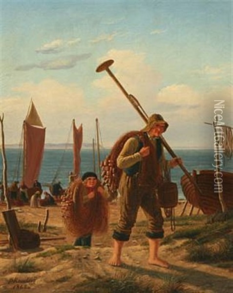 Fishermen On The Beach Oil Painting - Peter (Johann P.) Raadsig