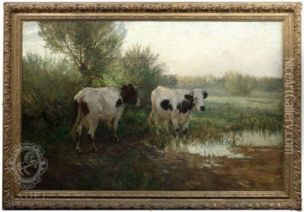 Zwei Gescheckte Kuhe Auf Sommerlicher Weide An Einem Gewasser Oil Painting - Hermann Baisch