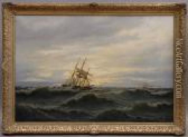 Ship In Stormy Seas Oil Painting - Oskar Conrad Kleineh