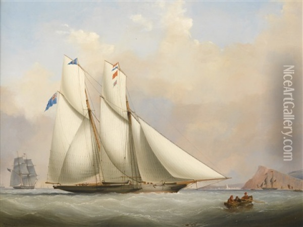 A Schooner Yacht Of The Royal Western Yacht Club Off Teignmouth; A Yacht And A Norwegian Coaster In A Storm; The Thousand Guinea Match Between Henry Bradley's Brig The Water Witch And Lord Belfast's Schooner Galatea (3 Works) Oil Painting - Nicholas Matthew Condy