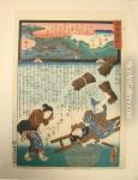 Woman With Bundles Of Sticks, Falling From A Ladder Oil Painting - Utagawa Toyokuni Iii