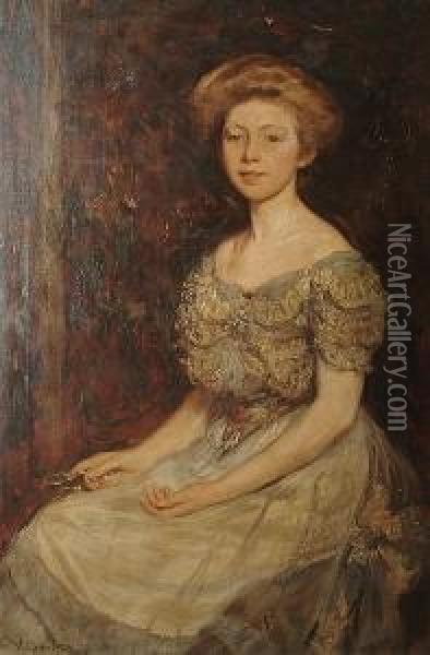 Portrait Of A Young Woman Seated, Wearing A White Dress With A Lace Bodice Oil Painting - James Charles