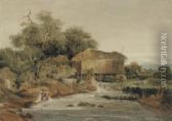 A Derbyshire Watermill Oil Painting - Peter de Wint
