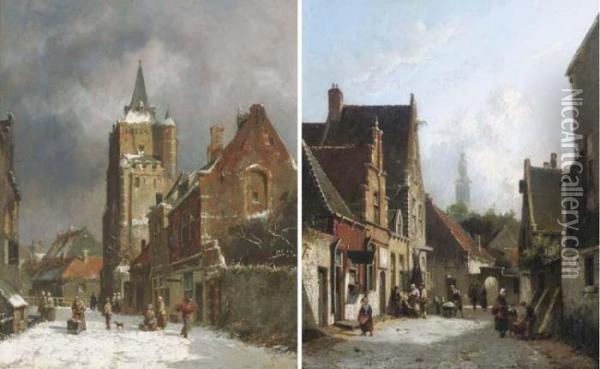 A Snow Covered Street; And A Sunlit Street Oil Painting - Adrianus Eversen