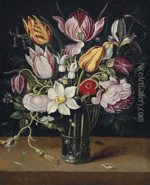 Parrot Tulips, Roses, Daffodils And Other Flowers In A Glass Roemer On A Ledge Oil Painting - Osias Beert the Elder