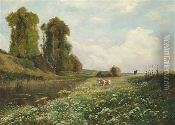 Fransk Flodlandskab Med Kvaeg Pa Engen Oil Painting - Ernest Alfred Hardouin