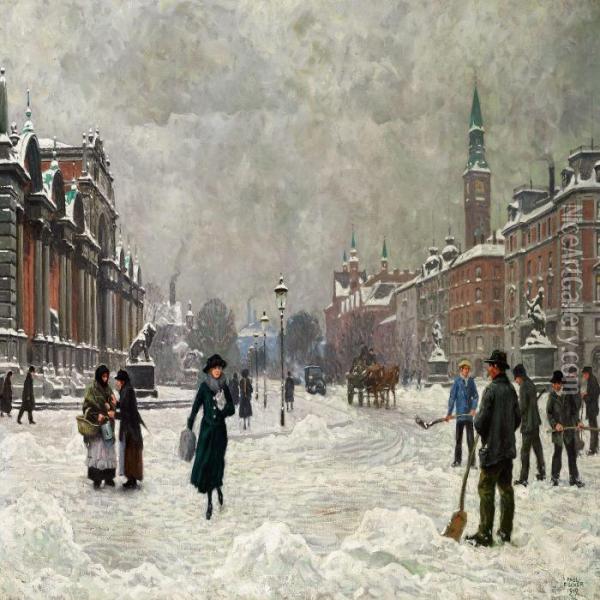 Winter Day Outside Ny Carlsberg Glyptotek In Copenhagen Oil Painting - Paul-Gustave Fischer