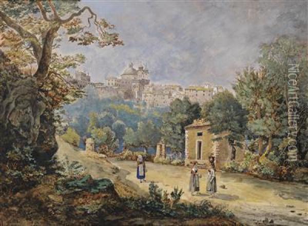 Aview Of Ariccia In The Albano Mountains With The Church Santa Mariaassunta Oil Painting - Leopold Kerpel