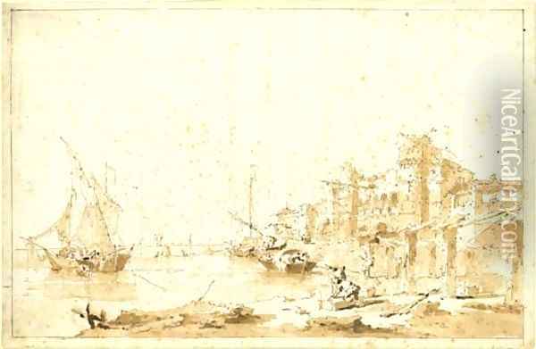An imaginary view of a Venetian lagoon with a fortress by the shore Oil Painting - Francesco Guardi