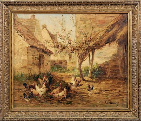 Poules Et Coq Dans Une Basse Cour Oil Painting - Edmond Van Coppenolle
