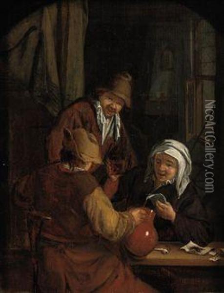 Two Men And A Woman Drinking And Playing Cards In An Inn Oil Painting - Adriaen Jansz. Van Ostade