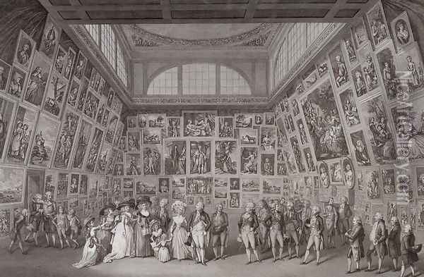 Interior view of Somerset House showing King George III (1738-1820), Queen Charlotte (1744-1818) and the Royal family viewing an exhibition of the Royal Academy of Arts in 1788, 1788 Oil Painting - Johann Heinrich Ramberg