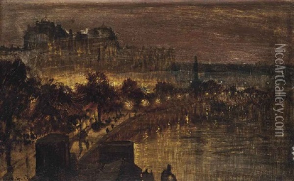 Evening Glow, The Embankment, London Oil Painting - George Hyde Pownall