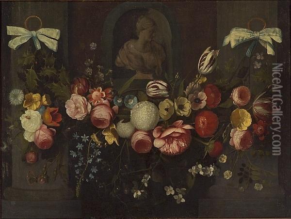 A Garland Of Holly, Tulips, 
Roses And Other Flowers Beneath A Sculptural Bust In A Niche Oil Painting - Daniel Seghers