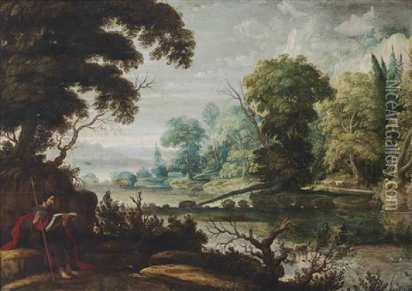 A Wooded Landscape With Saint James The Elder Resting On A Riverbank, With A Herdsman And His Cattle In The Distance, And A Town Beyond Oil Painting - David Teniers the Elder