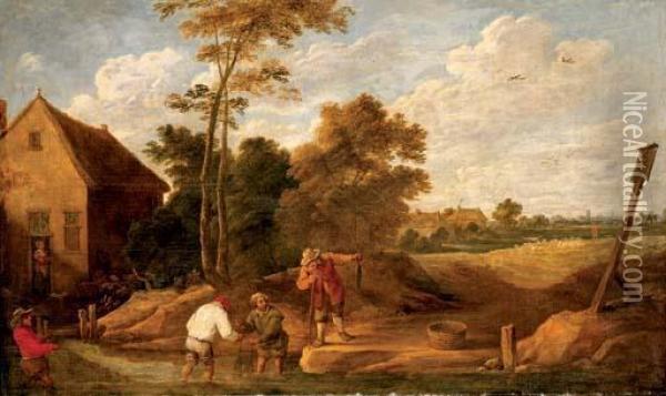 Figures Fishing In A Stream By A Cottage Oil Painting - David The Younger Teniers