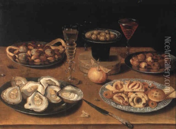 Oysters, Hazlenuts, Olives, Figs, A Glass Of Wine And A Knife On A Table Oil Painting - Osias Beert the Elder
