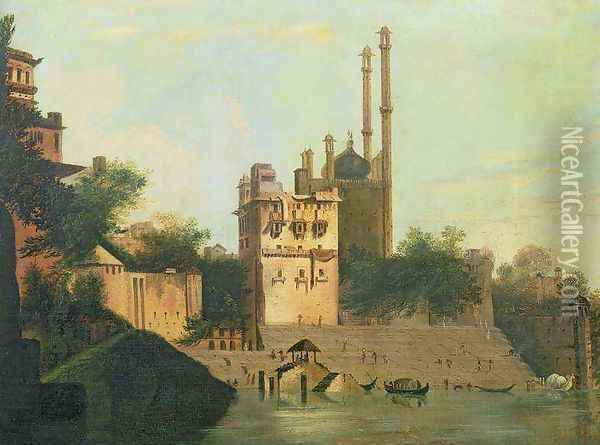 Foster 94 88 Aurangzebs Mosque on the River Ganges Palace of Raja Abal Benares Oil Painting - William Hodges