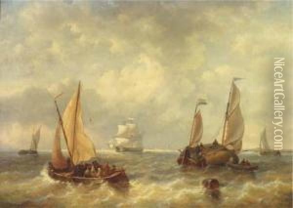 Shipping Activity In A River Estuary Oil Painting - George Willem Opdenhoff