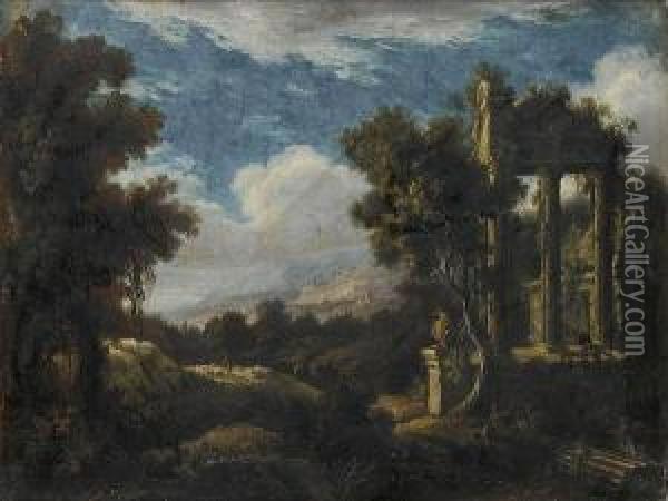 A Wooded Landscape With Figures Beforeruins Oil Painting - Pierre-Antoine Patel