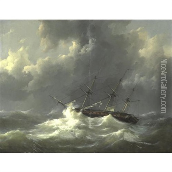 Ship In Distress Oil Painting - Johannes Christiaan Schotel