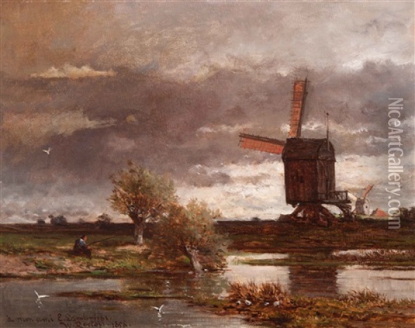 Dutch Landscape With Windmills Oil Painting - Willem Roelofs