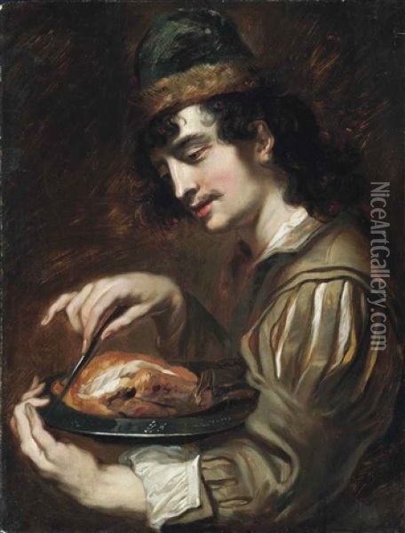 A Man Holding A Pewter Charger With A Chicken Oil Painting - Jan Cossiers