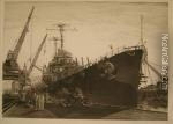 U.s.s. Columbia Under Construction At New York Shipbuildingcorporation, Camden, Nj Oil Painting - John Taylor Arms