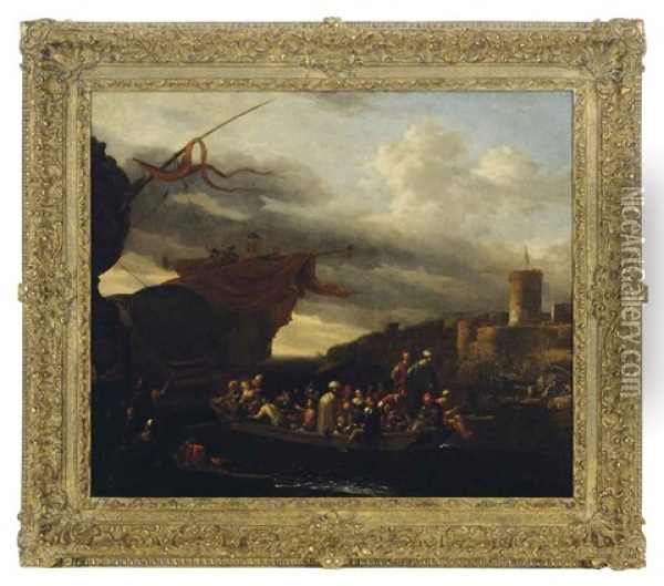 Merchants And Sailors Disembarking From A Galleon In A Mediterranean Port Oil Painting - Jan Griffier the Elder