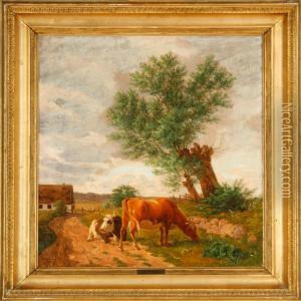 Cows At A Fence Oil Painting - Andreas Peter Madsen