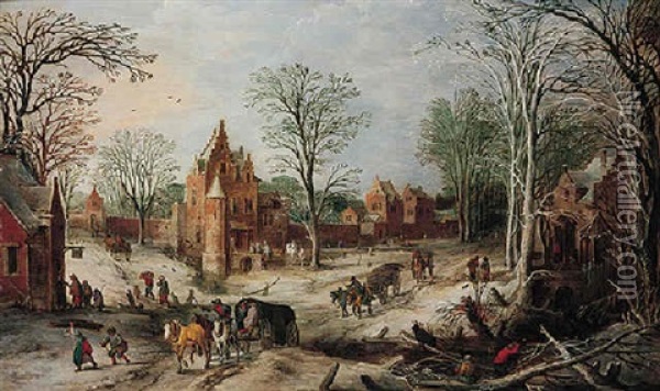 A Winter Landscape With A Cart On A Wooded Road And A Village Beyond Oil Painting - Joos de Momper the Younger