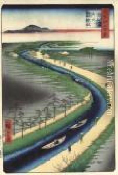 Yotsugidori, Yosui Hikifune (hauling Canal Boats, Yotsugi Road) Oil Painting - Utagawa or Ando Hiroshige