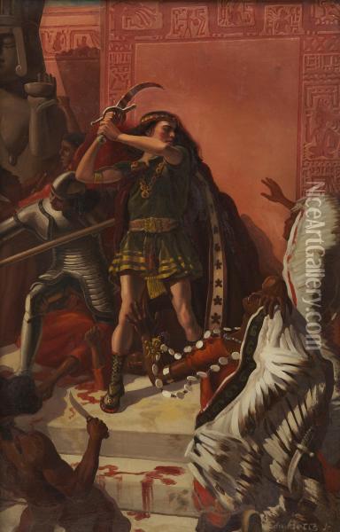 An Aztec Ambush, Magazine Story Illustration Oil Painting - Edwin Daniel Betts