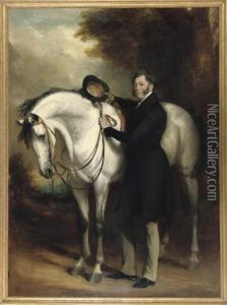 Portrait Of Thomas Dundas, 2nd 
Earl Of Zetland, Kg (1795-1873), Full-length, In A Black Coat With A 
Grey Horse In A Landscape Oil Painting - Sir Francis Grant
