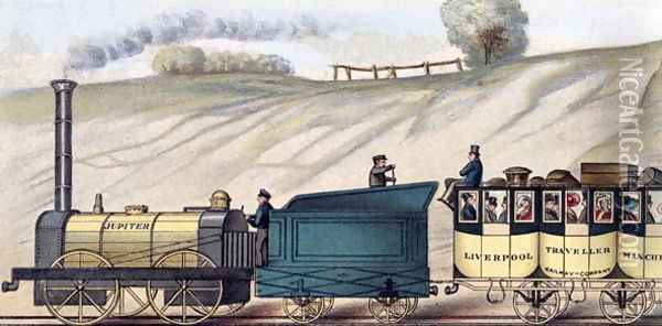 Travelling on the Liverpool and Manchester Railway, detail of the locomotive Jupiter, engraved by S.G. Hughes, c.183 Oil Painting - Isaac Shaw