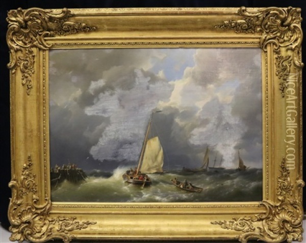 Vissersboten Op Woelig Water Bij Een Havenhoofd Oil Painting - Hermanus Koekkoek the Elder