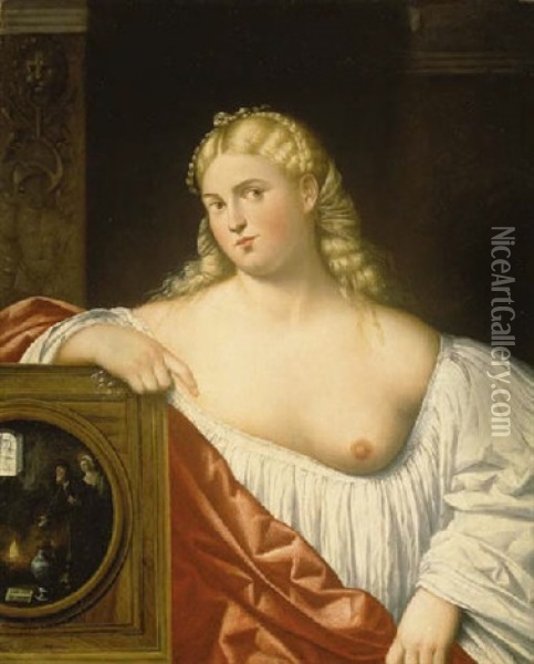 A Courtesan With A Mirror Oil Painting - Bernardino Licinio