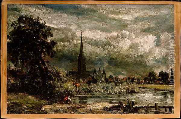 Salisbury Cathedral from the long bridge with an angler in the foreground Oil Painting - John Constable