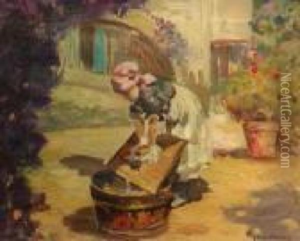 Girl Doing The Wash Oil Painting - Vincenzo Irolli