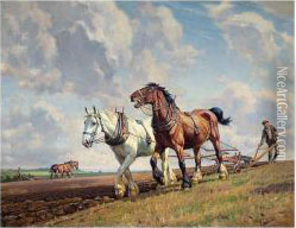 Ploughing The Fields Oil Painting - Wright Barker