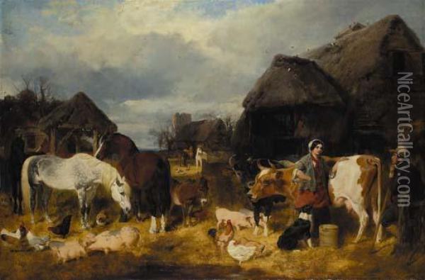 A Farmyard Scene With Milkmaid And A Farm Labourer Oil Painting - John Frederick Herring Snr