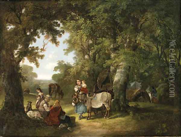 Countryfolk resting in a wooded clearing Oil Painting - Snr William Shayer