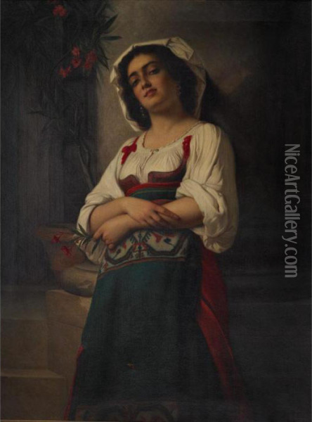 Pretty Peasant Girl Holding Lilies Oil Painting - Francesco Bettio