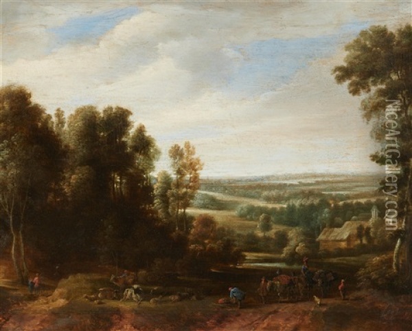 Panoramic Landscape With Shepherds And Travellers Oil Painting - Adriaen Frans Boudewyns the Elder