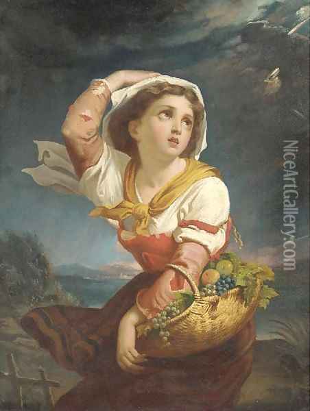 A girl with a basket of fruit, a storm approaching Oil Painting - Giuseppe Mazzolini
