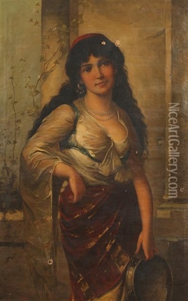 Gypsy Girl With Tambourine Oil Painting - Anton Brentano