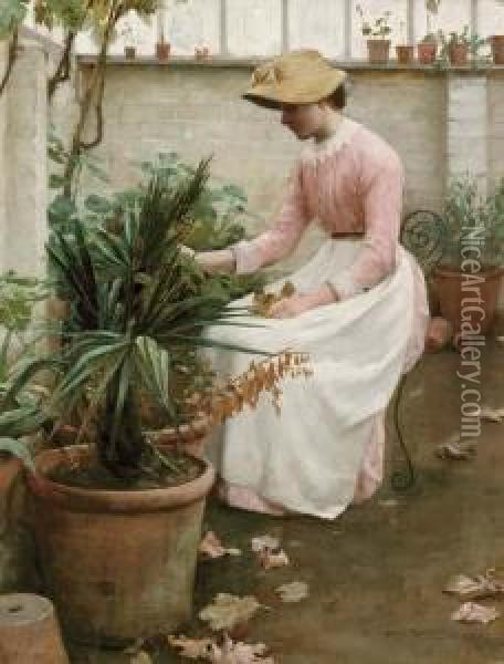 In The Greenhouse Oil Painting - Edwin Harris